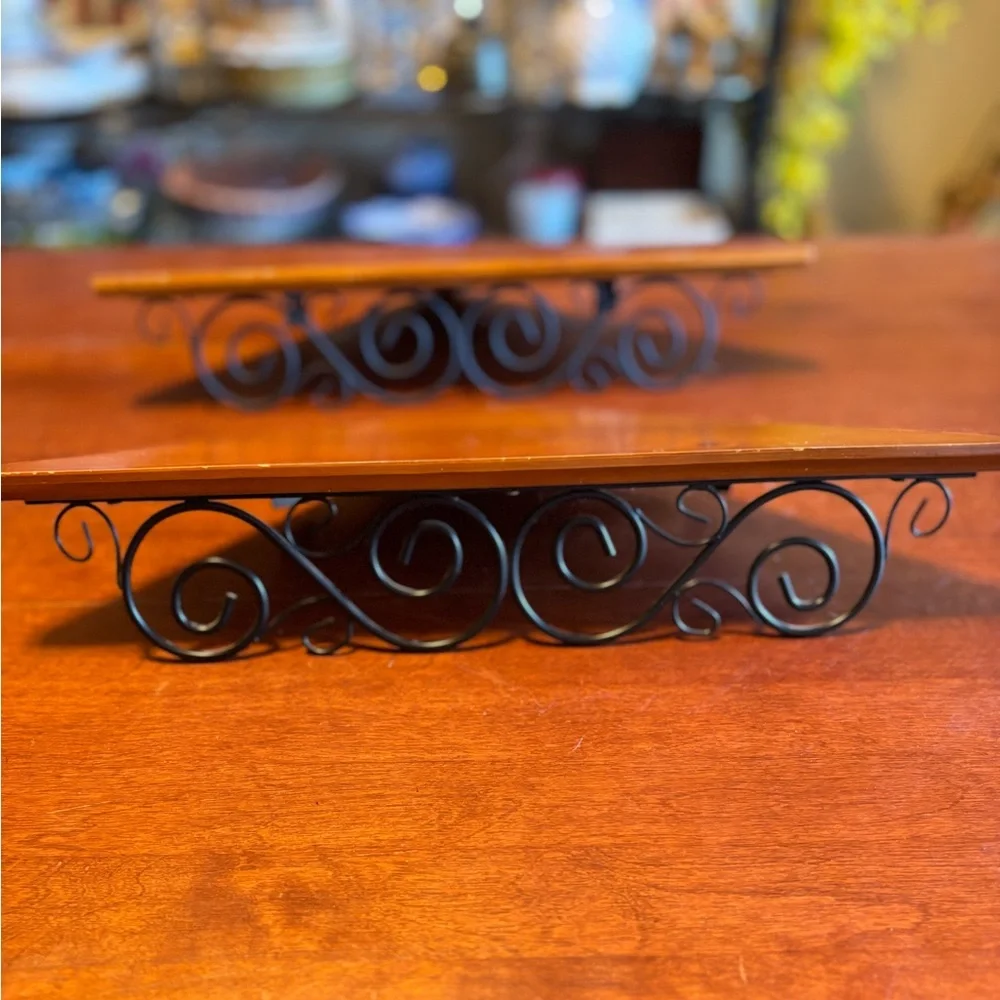 Wood Corner Shelves w Wire Scrolling set of 2
